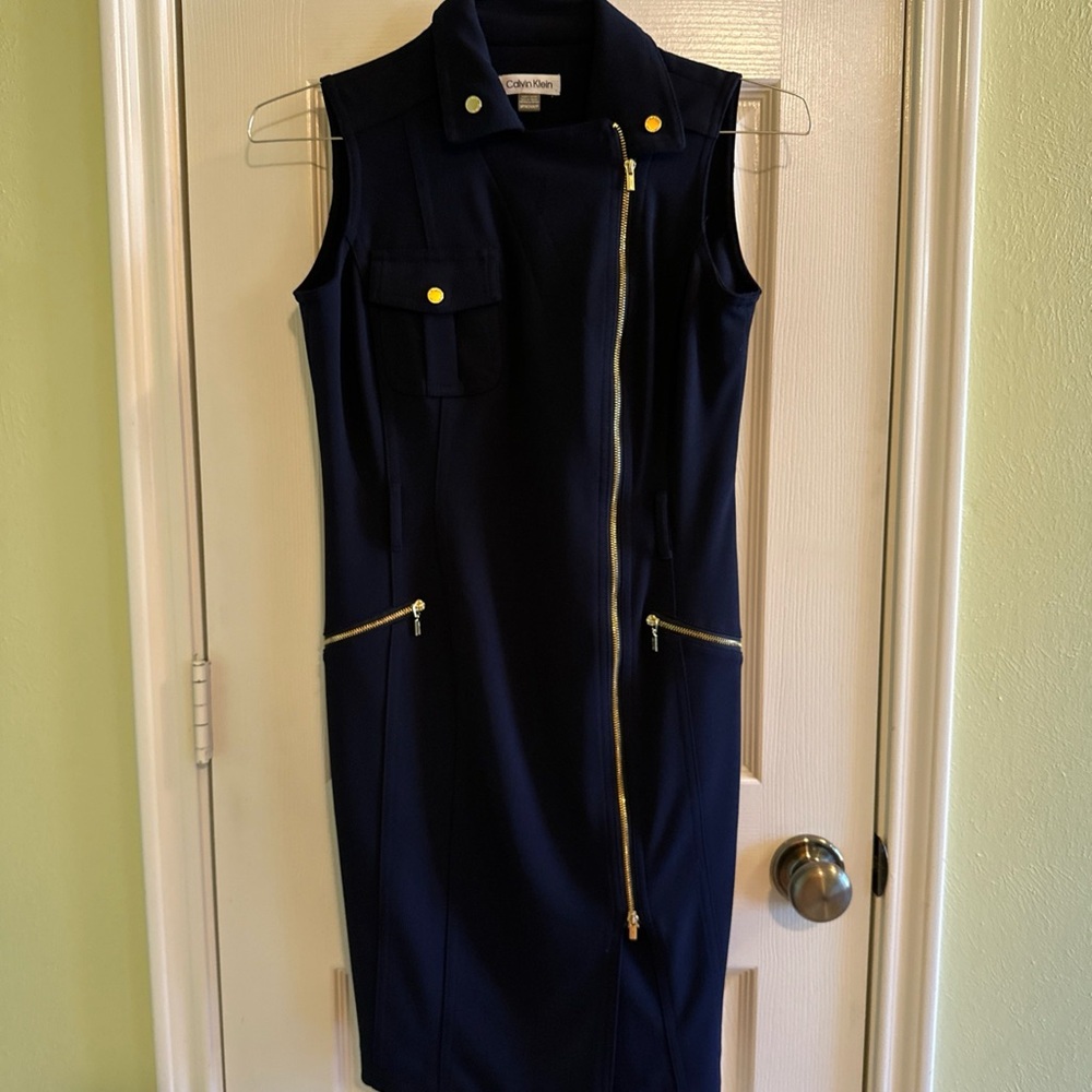 Calvin Klein Navy Midi Dress with Gold Hardware